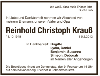Traueranzeige von Reinhold Christoph Krauß von Pegnitz-Zeitung